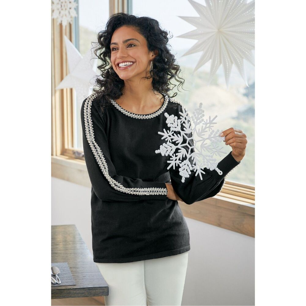 Wool Blend Soft Surroundings Heidi Faux Pearl Long Sleeve Sweater Black L